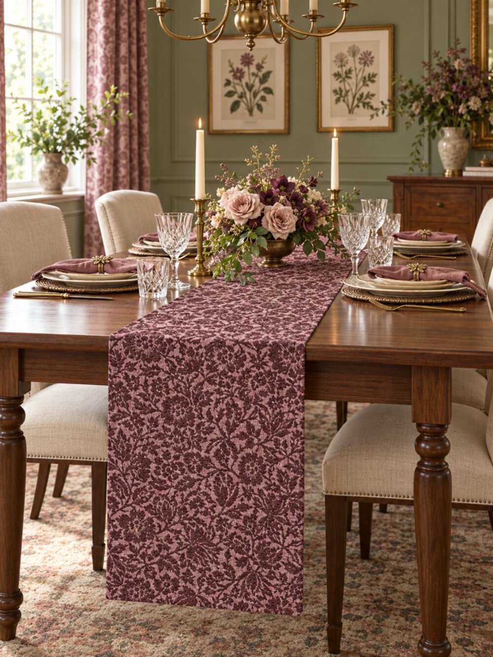 William Morris & Co Table Runner Mallow Hibiscus Burgundy Velvet 16x90 Luxury
